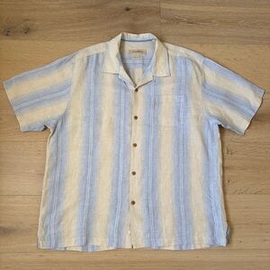 Tommy Bahama Linen Shirt Mens XL Blue Beige Striped Hawaiian Short Sleeve*P8